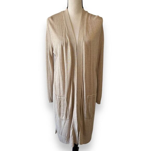 INC International Concepts Ribbed Open Front Long Cardigan Sweater Beige Medium - Picture 3 of 11